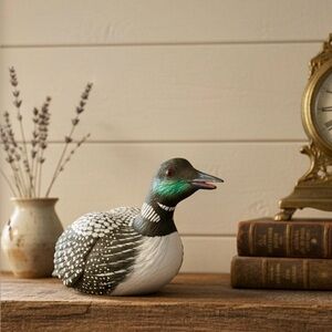 Vintage Hand Carved Painted Wood Common Loon Decoy Signed Shelf Mantle Decor